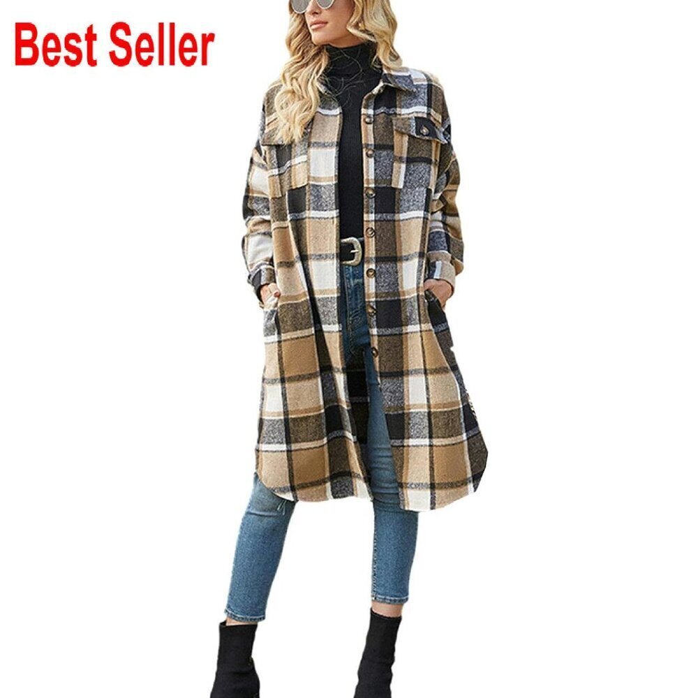Wool Blend Shacket Coat Oversized Plaid Lapel Button Up Long Chic Retro